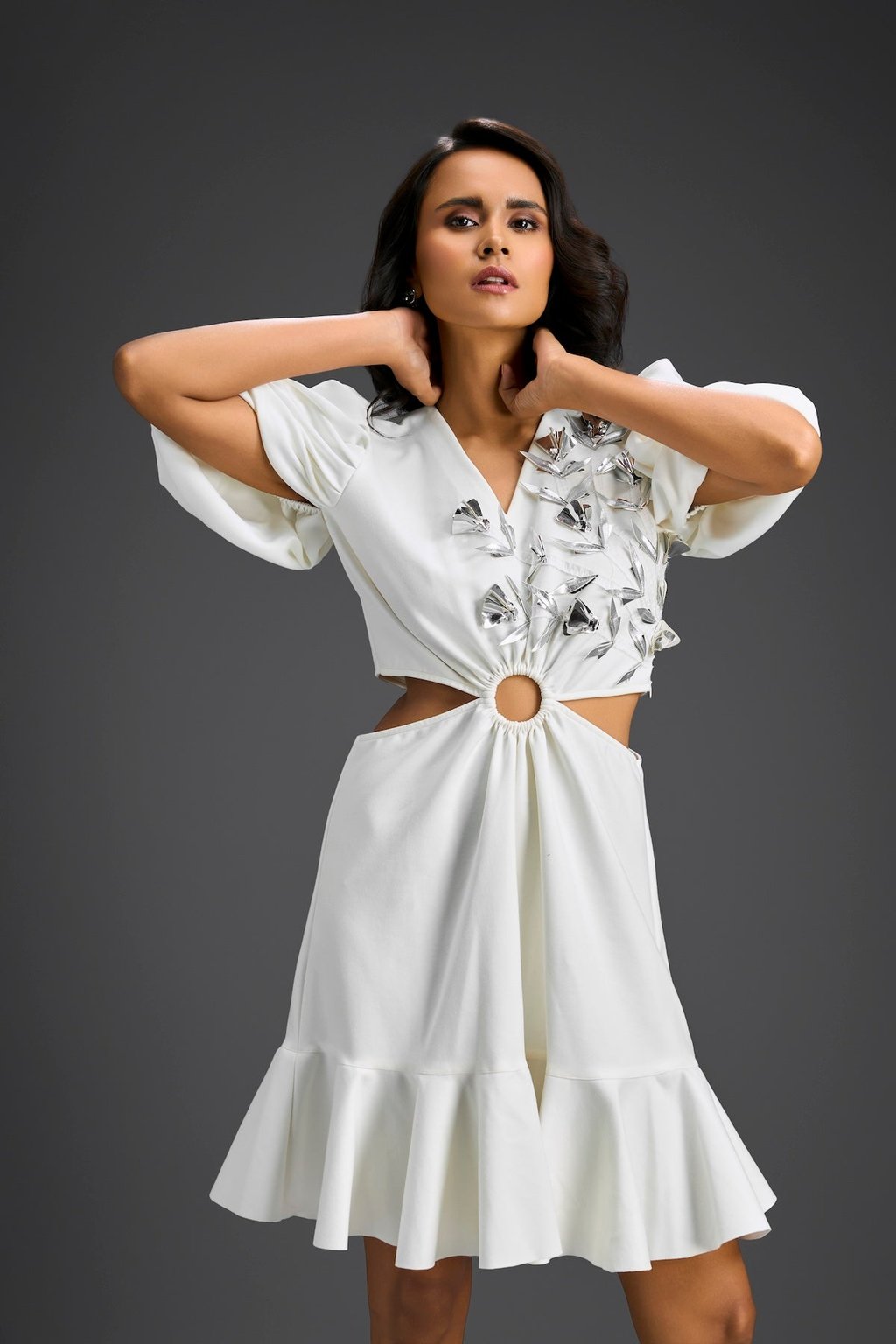 White V-Neck Cut-Out Embroidered Dress