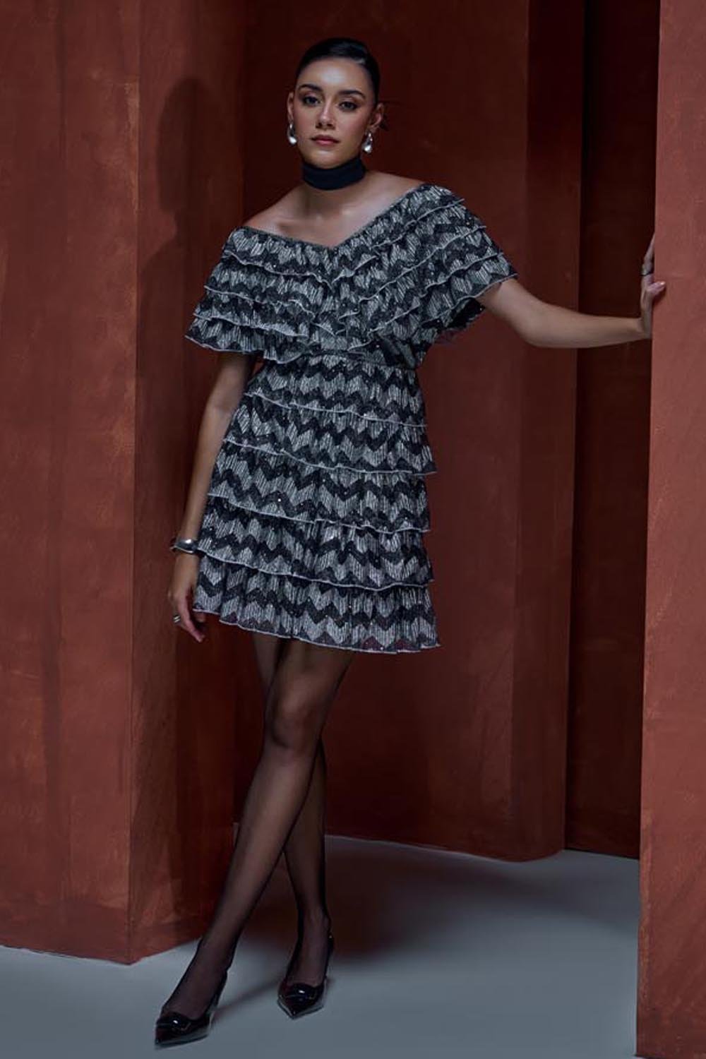 Off the Shoulder Metallic Ruffled Dress
