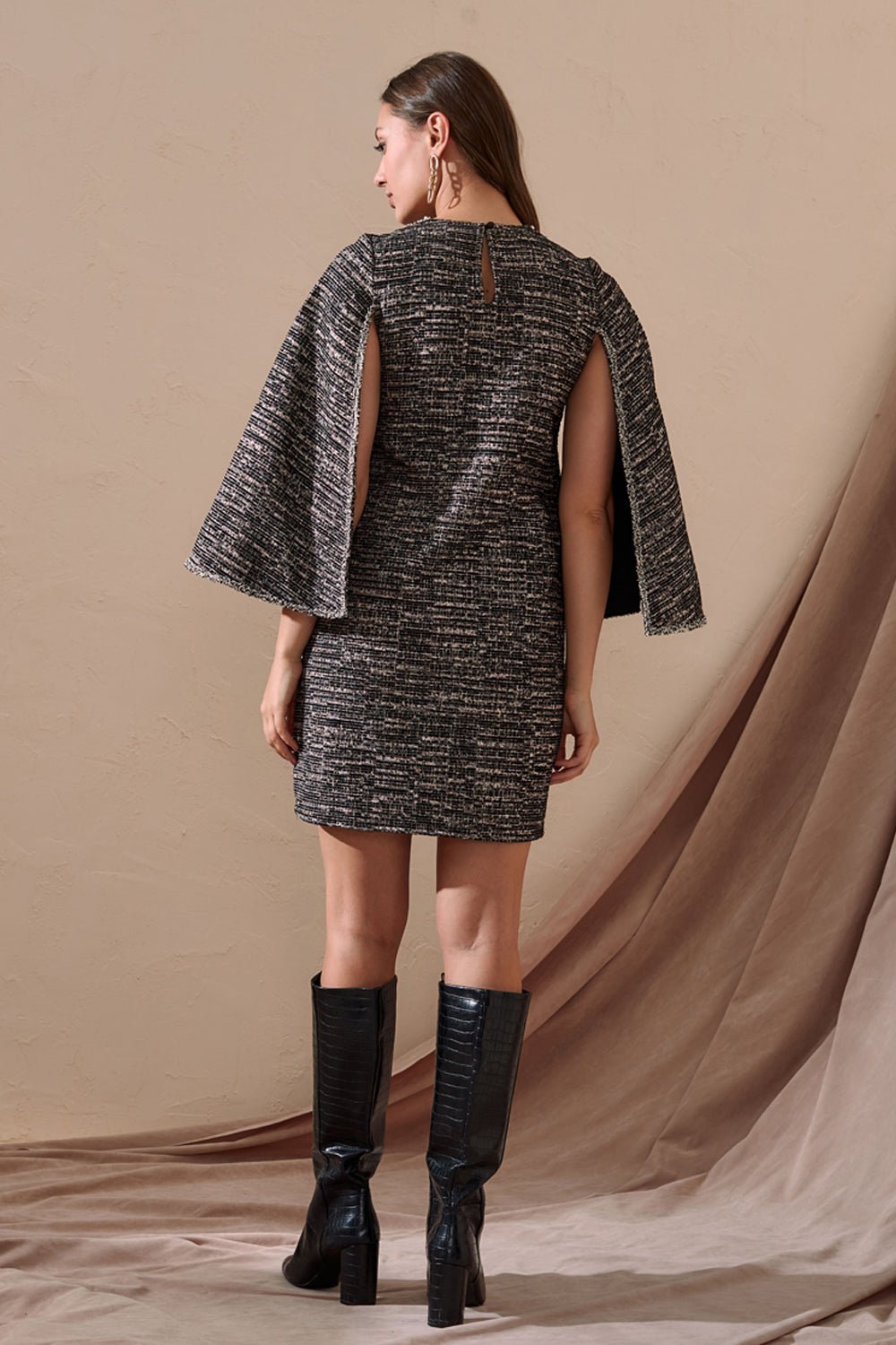 Cape Sleeved Tweed Dress