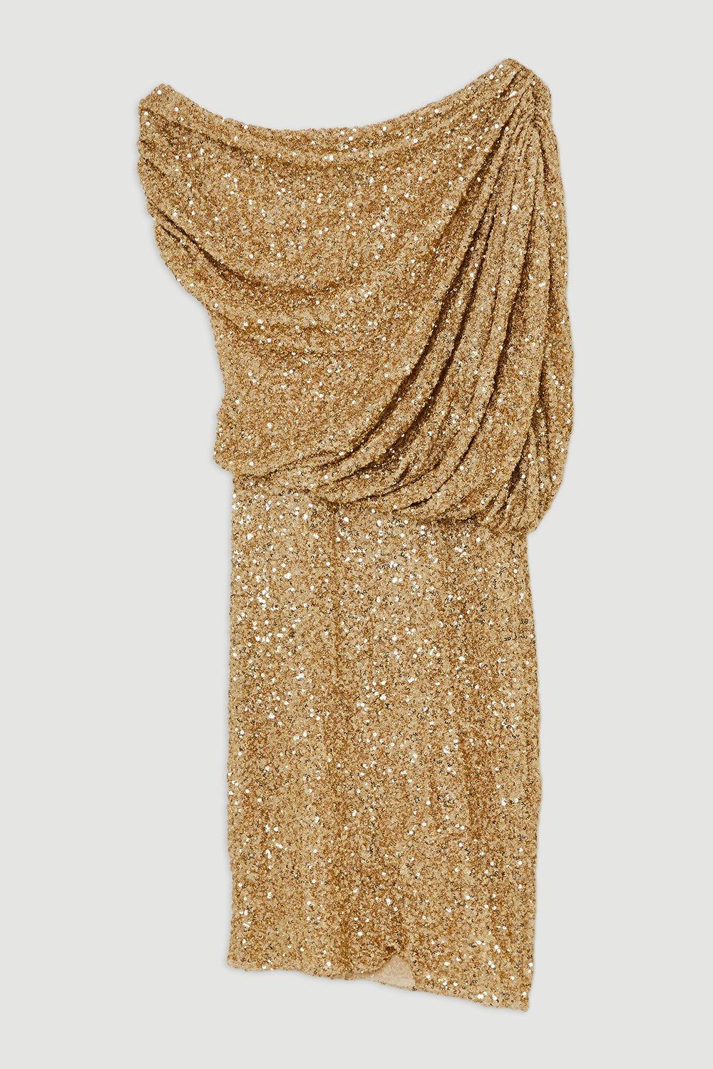 Draped One Shoulder Jersey Stretch Sequin Mini Dress