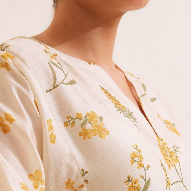 Ivory Chanderi Hand Block Floral Kurta Set.
