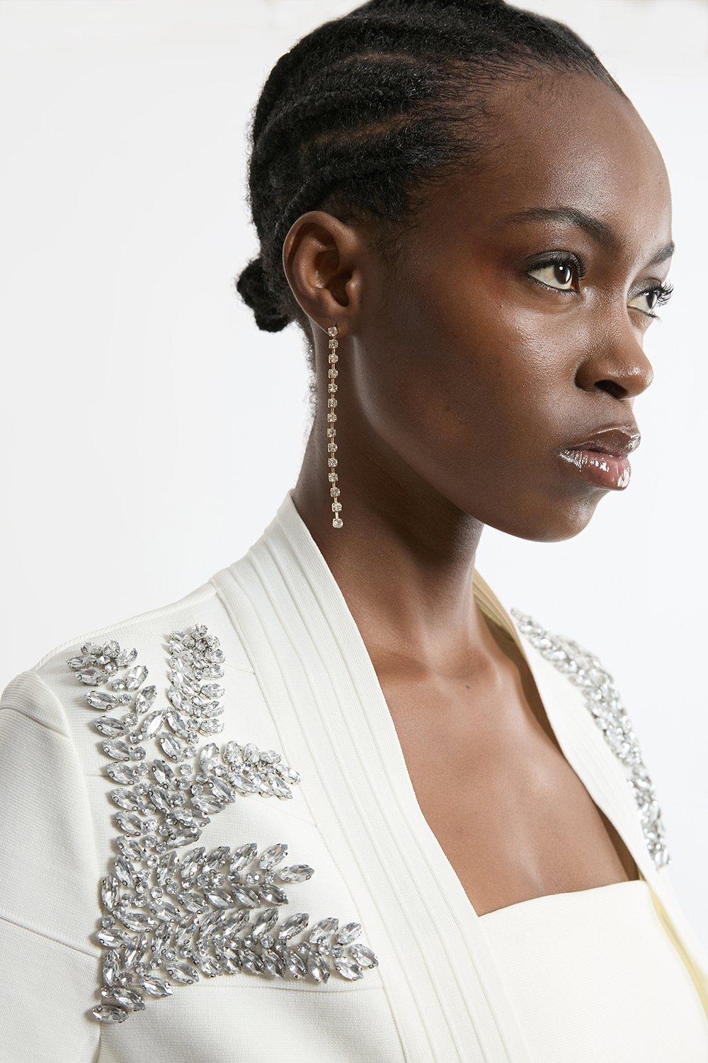 Figure Form Bandage Embellished Feather Cuff Crop Knit Jacket
