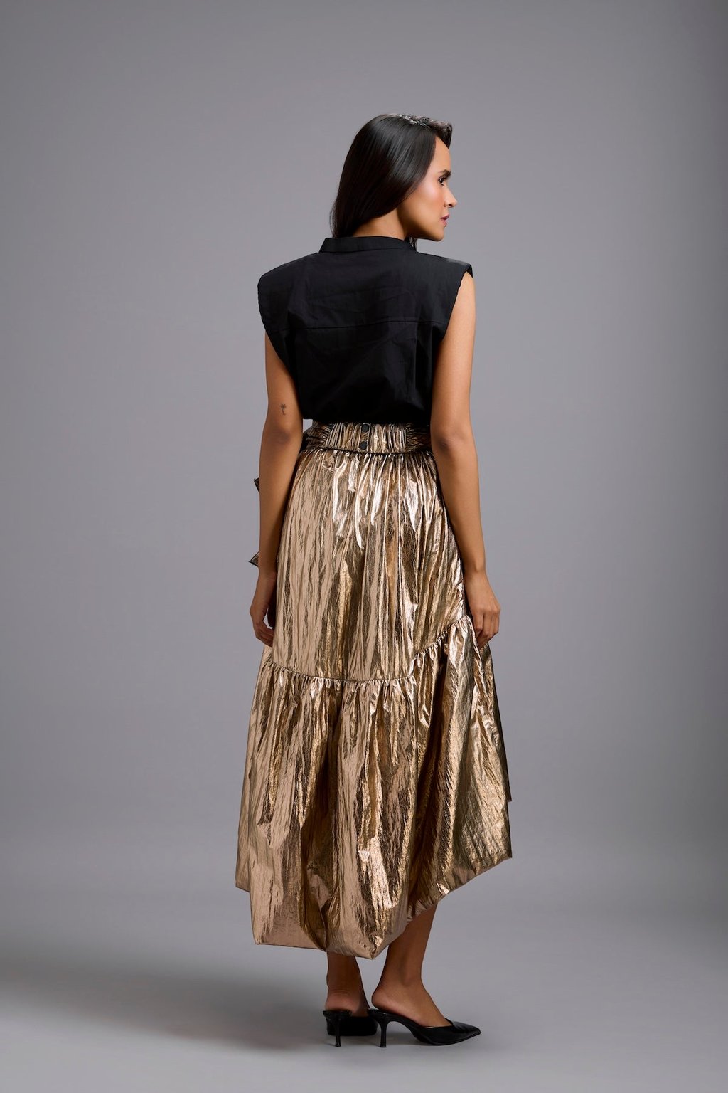 Metallic Gold High-Low Skirt with Bow
