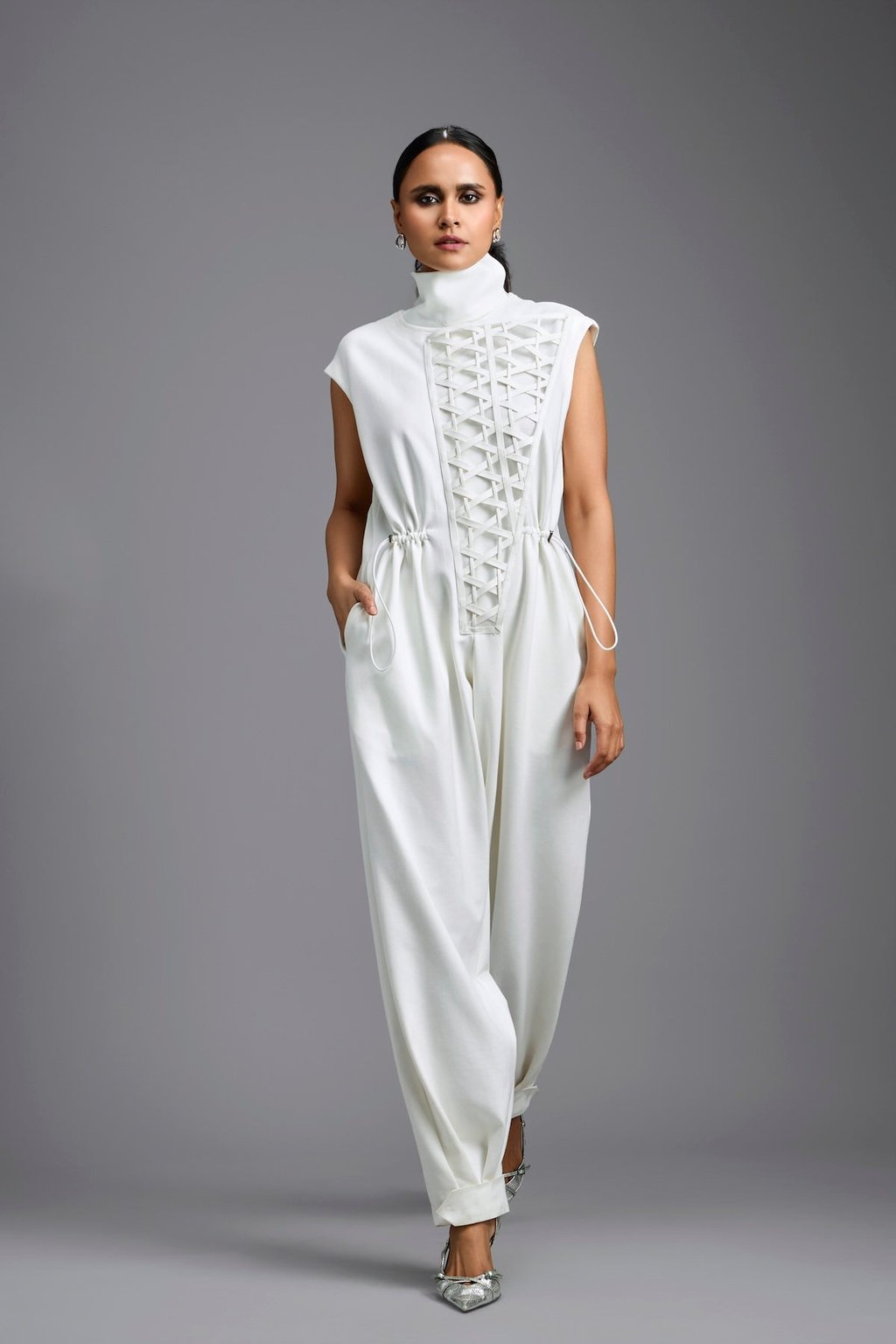 Jumpsuit with Woven Leather Panel