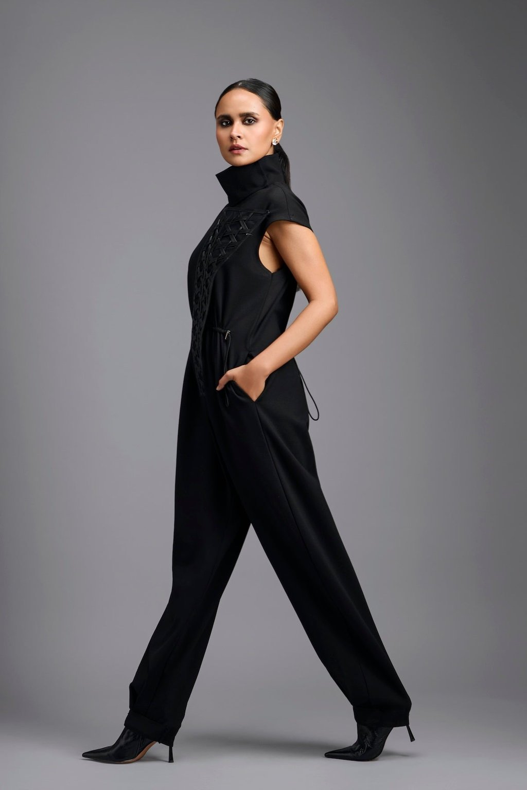 Jumpsuit with Woven Leather Panel