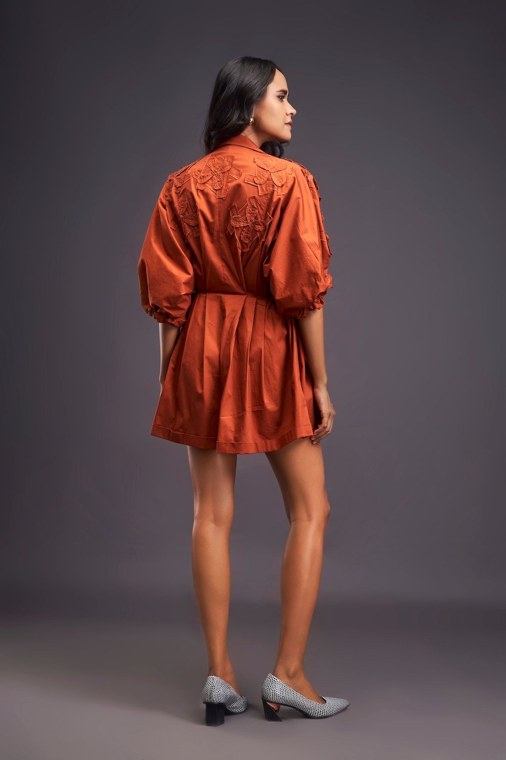 Lapel Collared Pleated Playsuit Rust