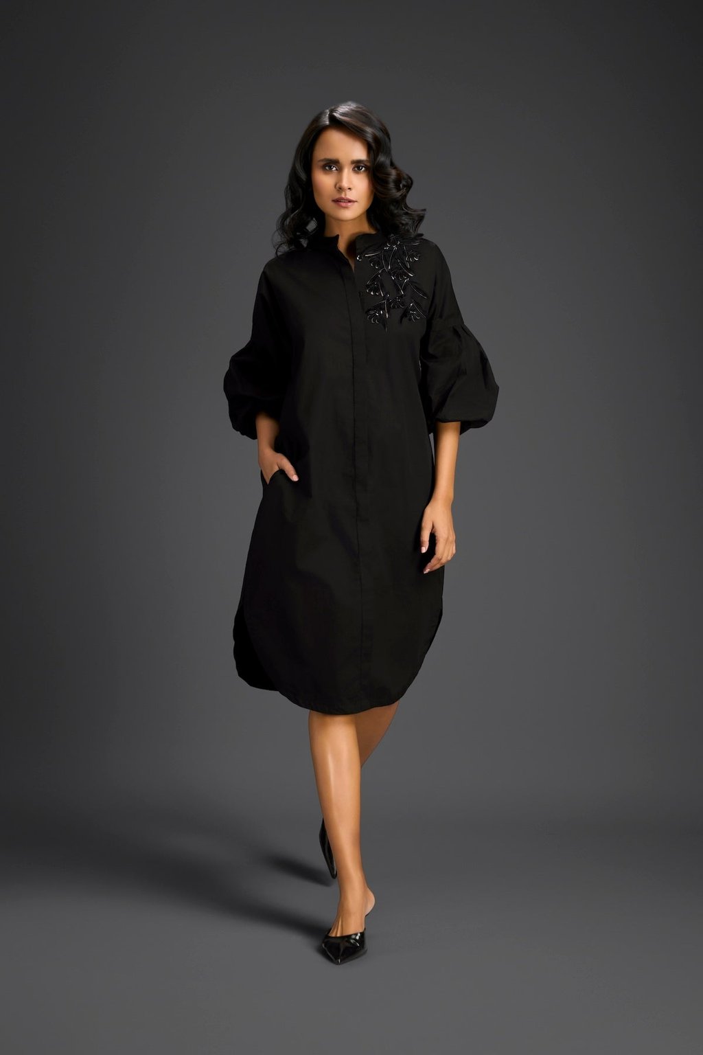 Black Puffed Sleeve Shirt Dress with Sheer Back