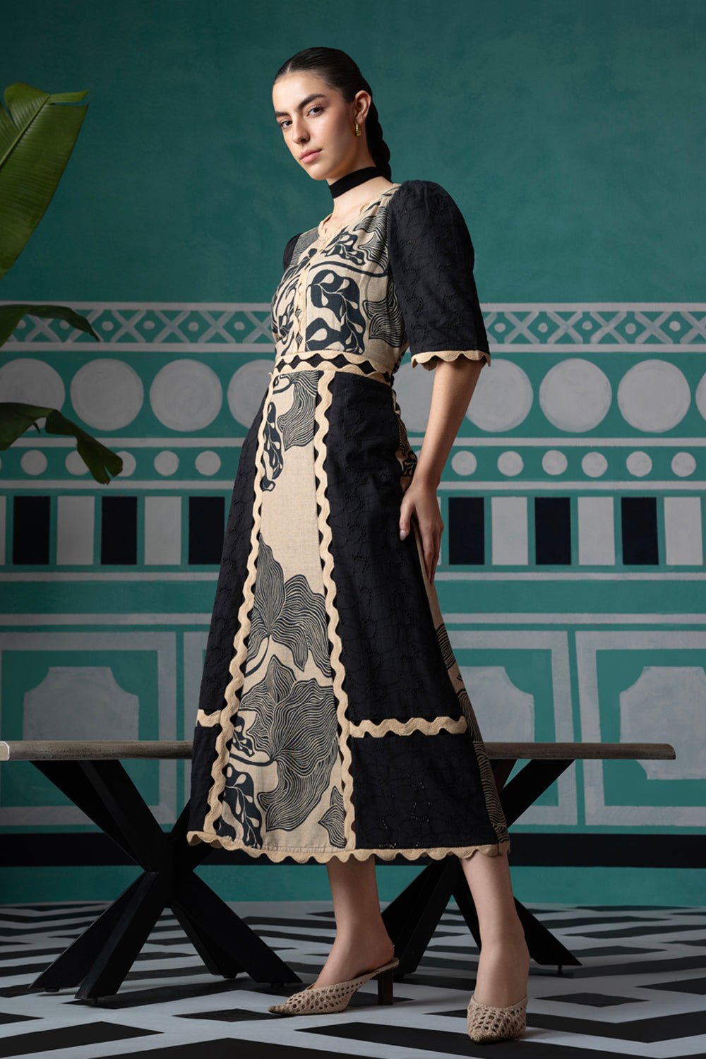 Print and Eyelet Lace Dress