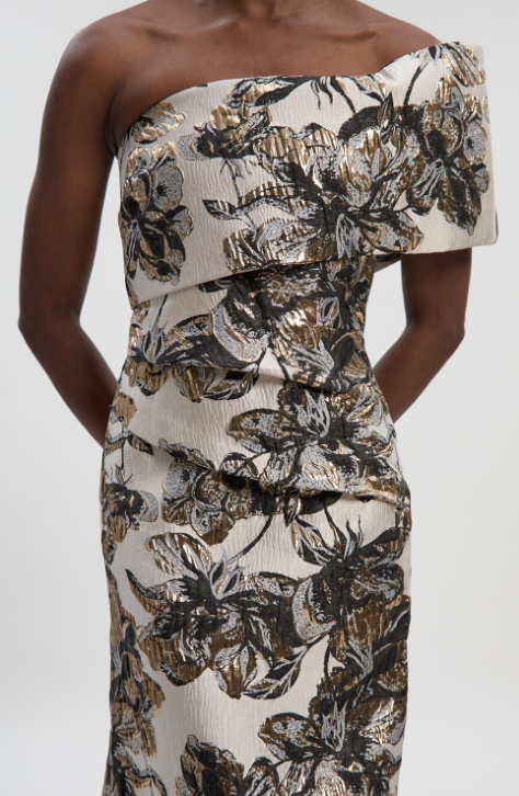 Floral Jacquard Asymmetric Neck Pencil Dress