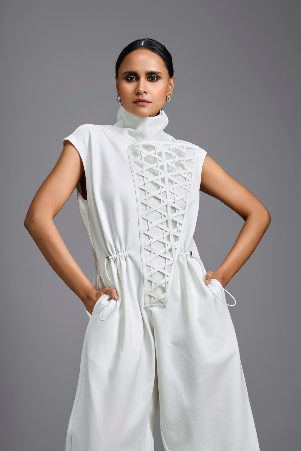 Jumpsuit with Woven Leather Panel