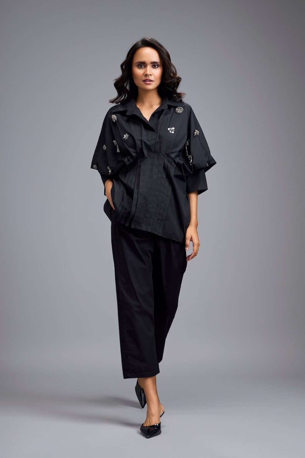 Black Embellished Button-Down Shirt with Pants