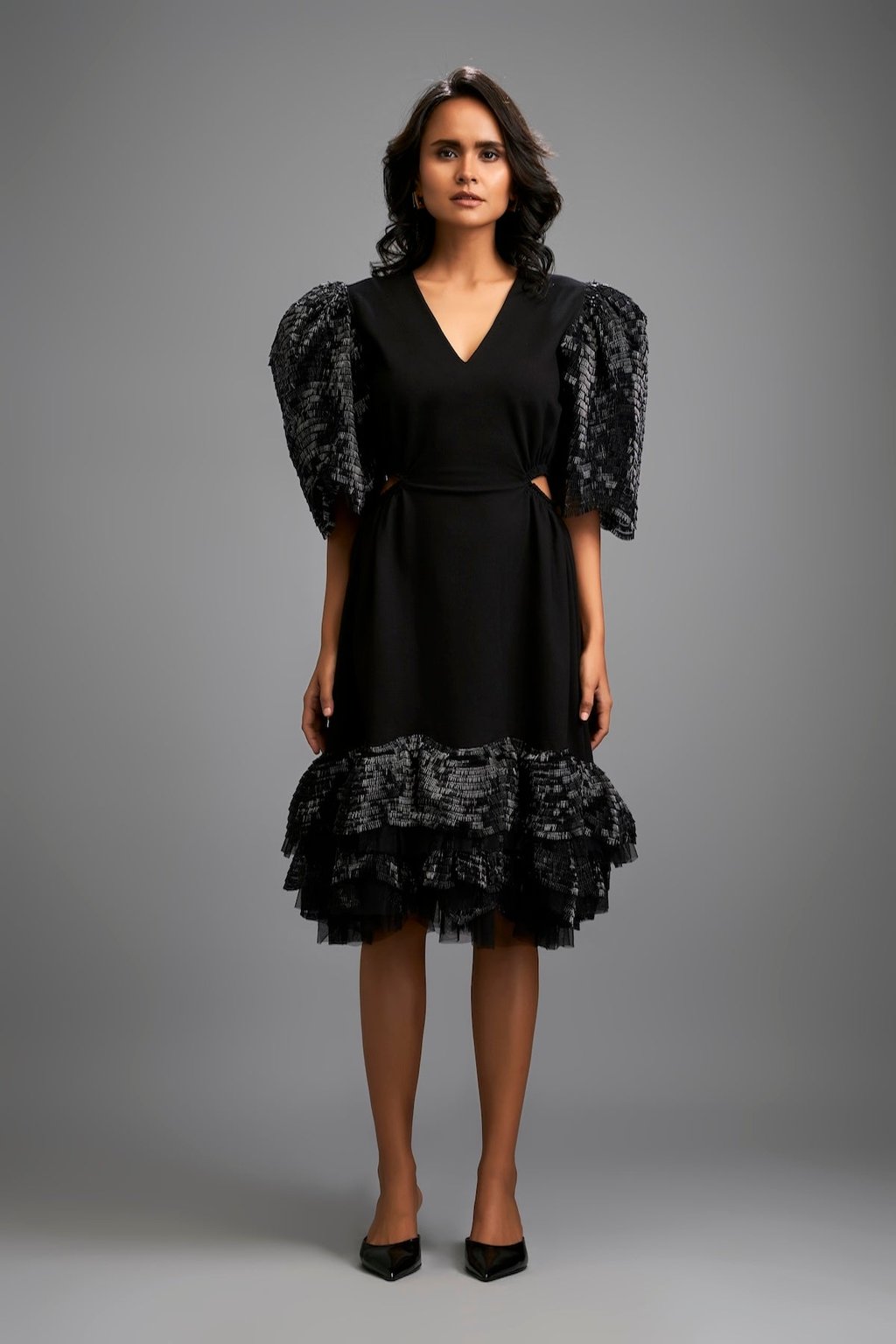Black Midi Dress Shimmer Sleeves & Tiered Skirt