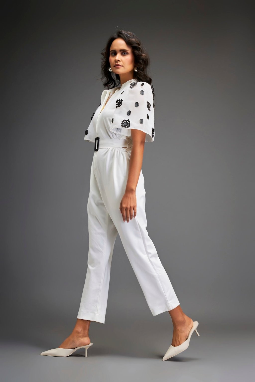 White Embroidered Sleeves Jumpsuit with Belt