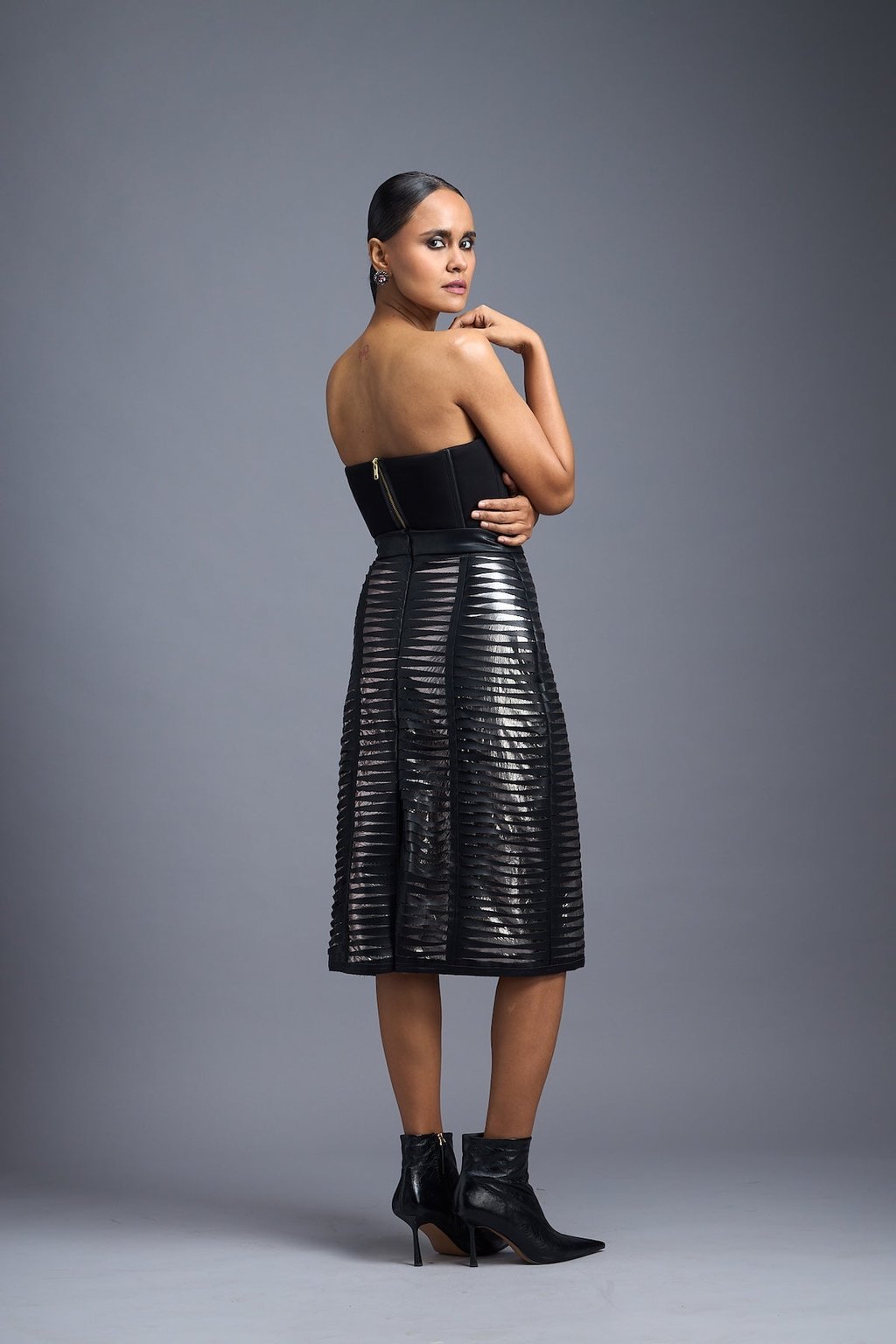 Sheer Leather-Strip Pencil Skirt