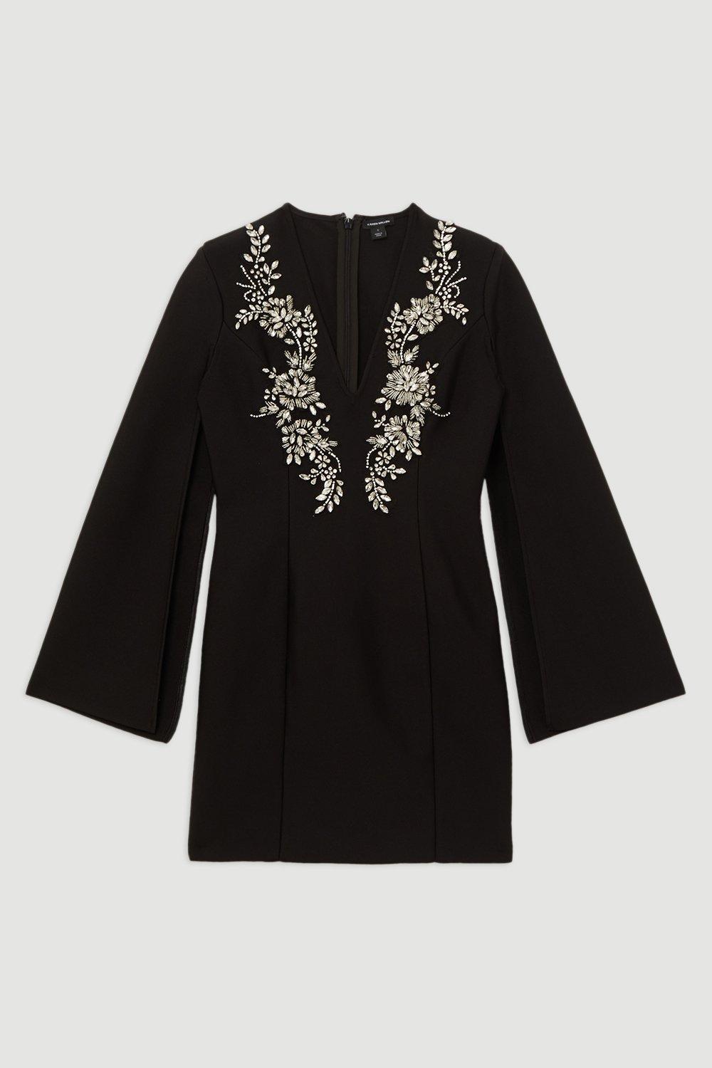 Bandage Form Fitting Cape Sleeve Embellished Mini Dress