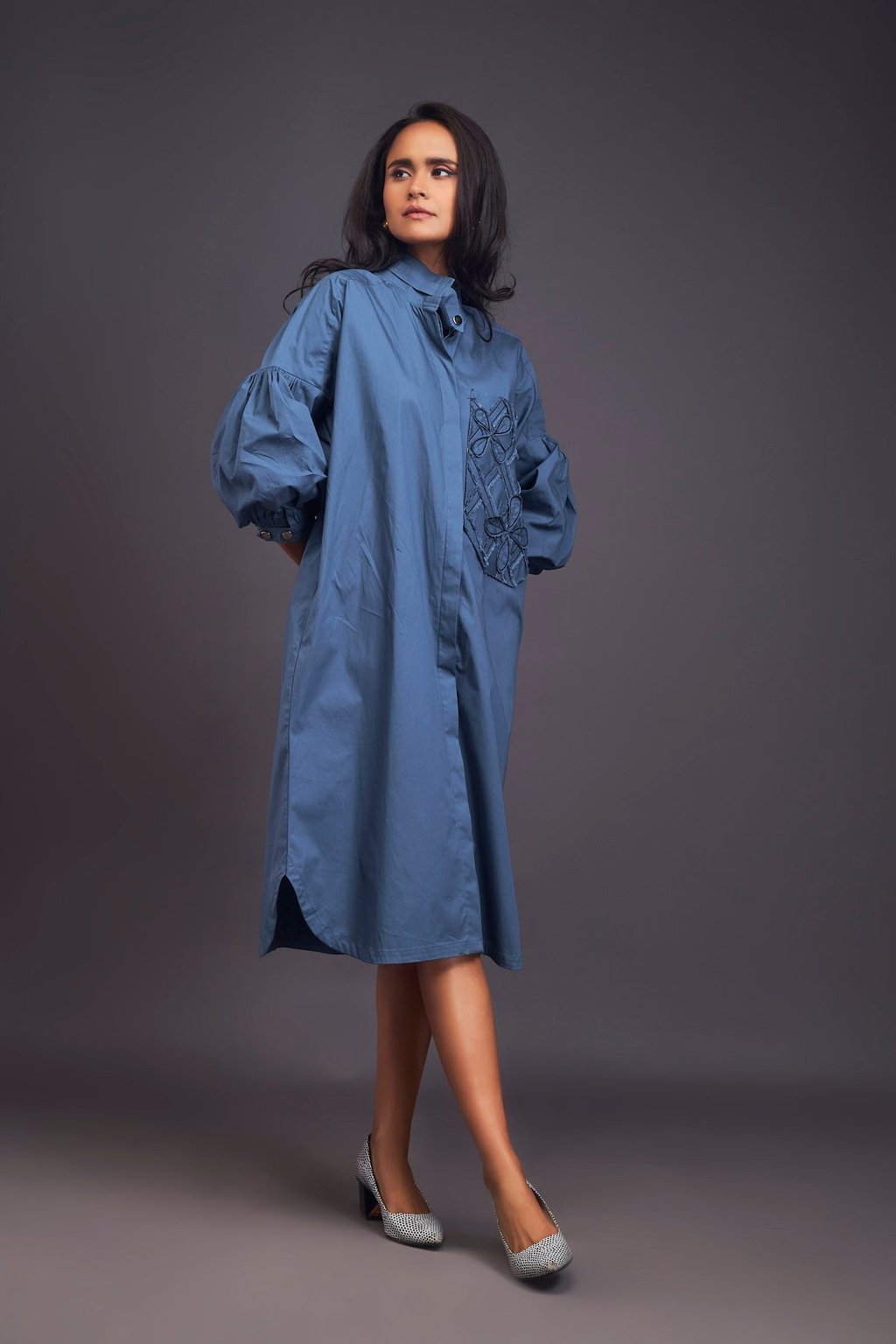 Oversized Shirt Dress with Embroidered Pocket