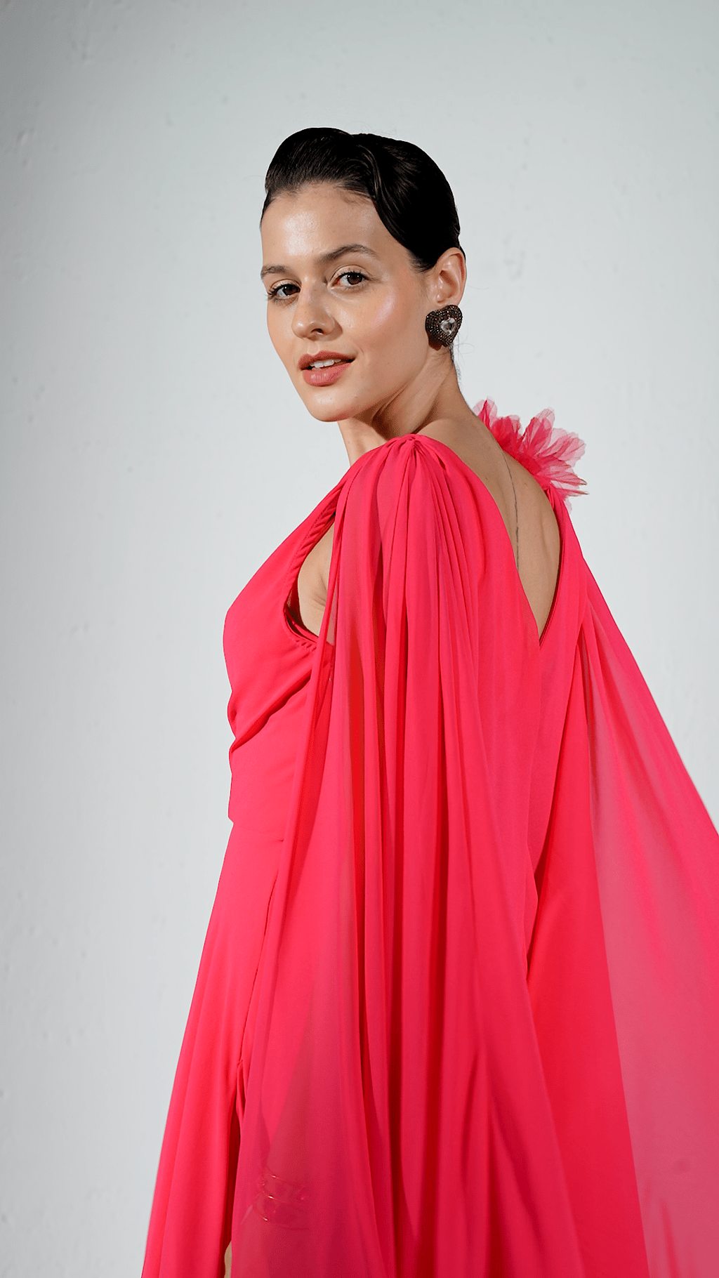 Georgette Pleated Bustier Cape Back Woven Maxi Dress