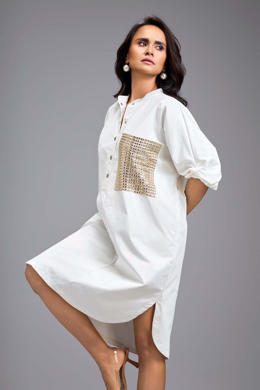White Oversize Shirt Dress with Embellished Pocket