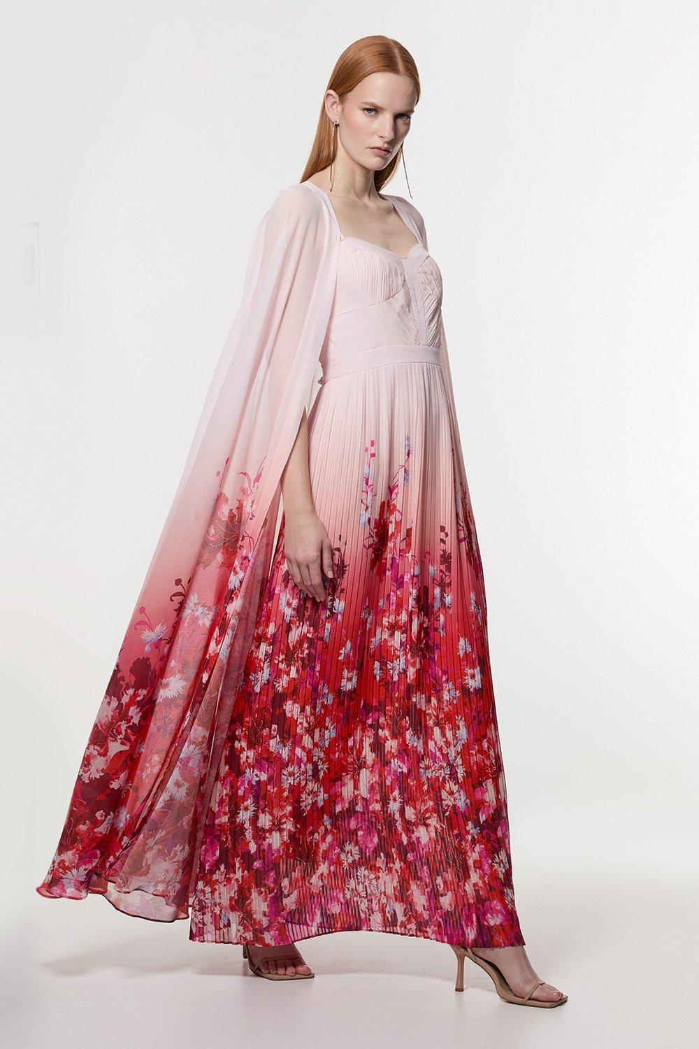 Scattered Floral Print Woven Pleated Cape Maxi Dress