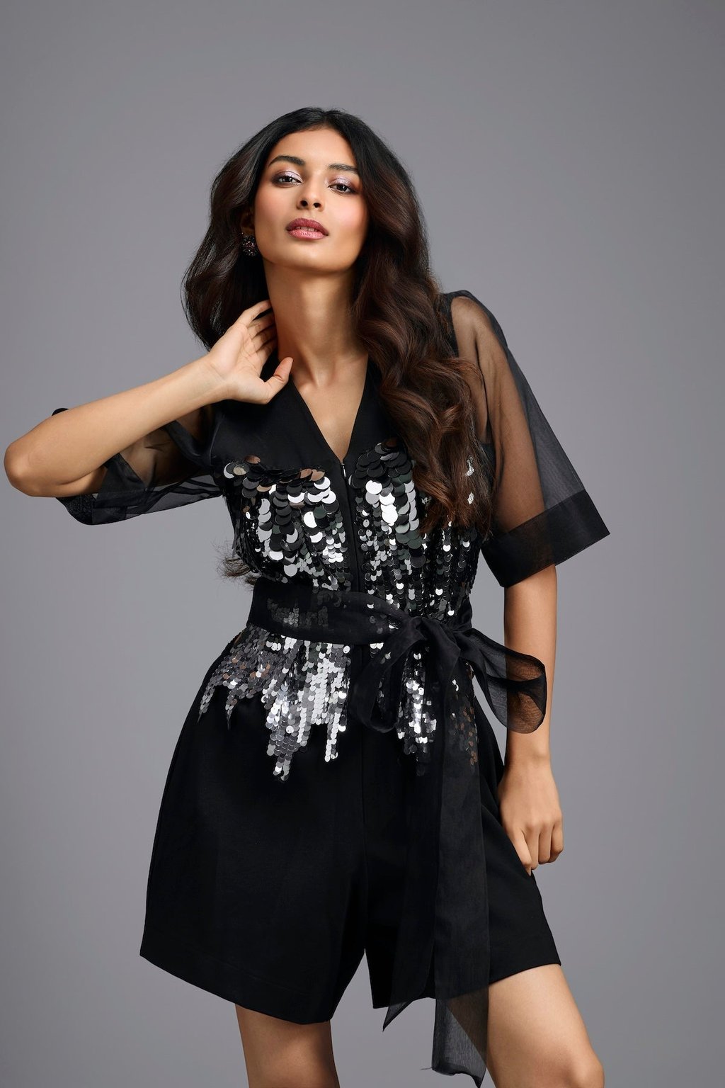 Sequin Playsuit with Sheer Sleeves