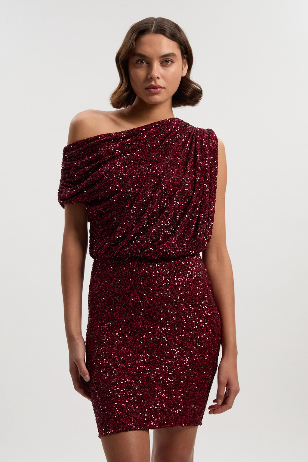 Draped One Shoulder Jersey Stretch Sequin Mini Dress