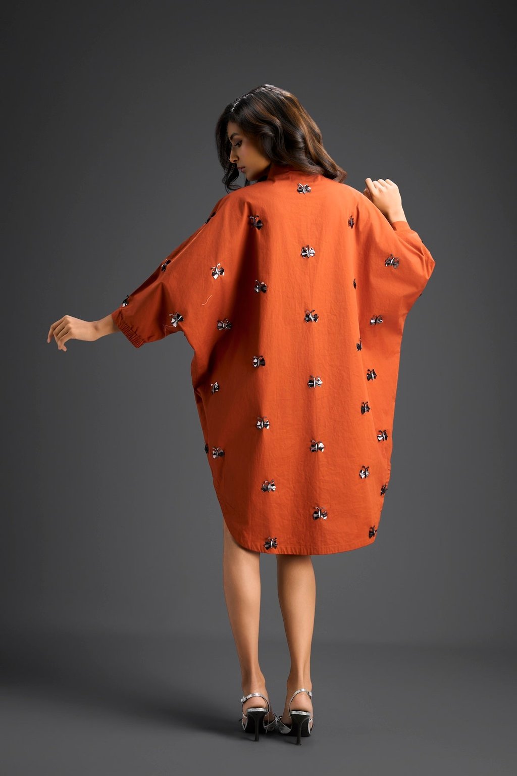 Rust Oversized Shirt Dress with Butterfly Motifs