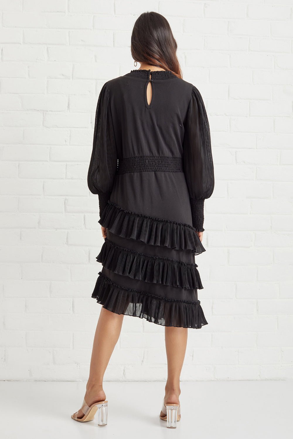 Hand Embellished Asymmetrical Pleated Ruffle Dress