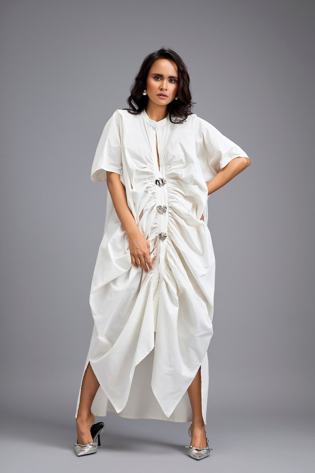 White Draped Kaftan Sleeve Dress with Gold Button