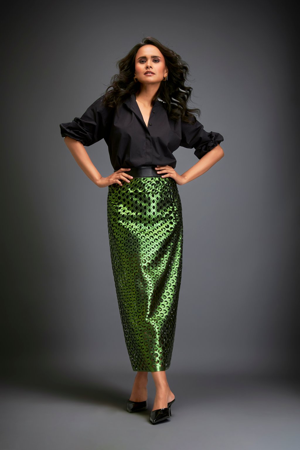 Metallic Skirt with Geometric Cutout Detailing