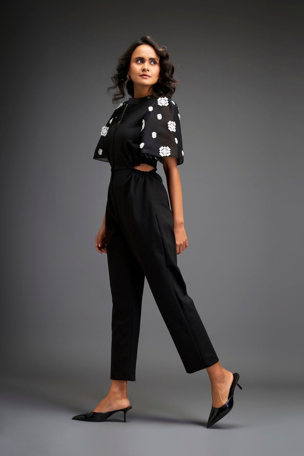 Black Embroidered Sleeves Jumpsuit with Belt