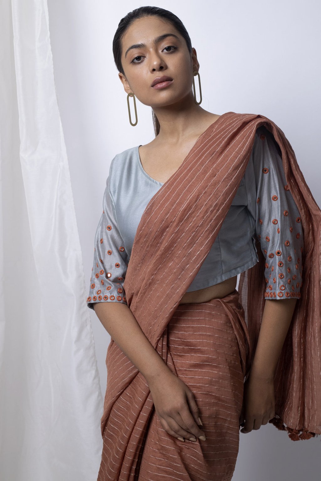 Walnut Saree with Embroidered Blouse