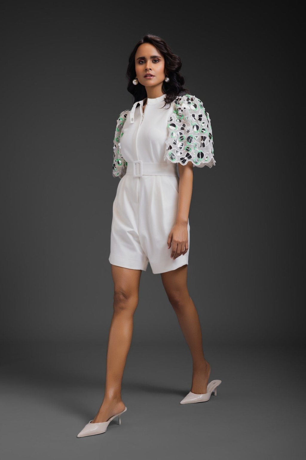 Playsuit with Neon Metallic Sleeve Detail and Belt