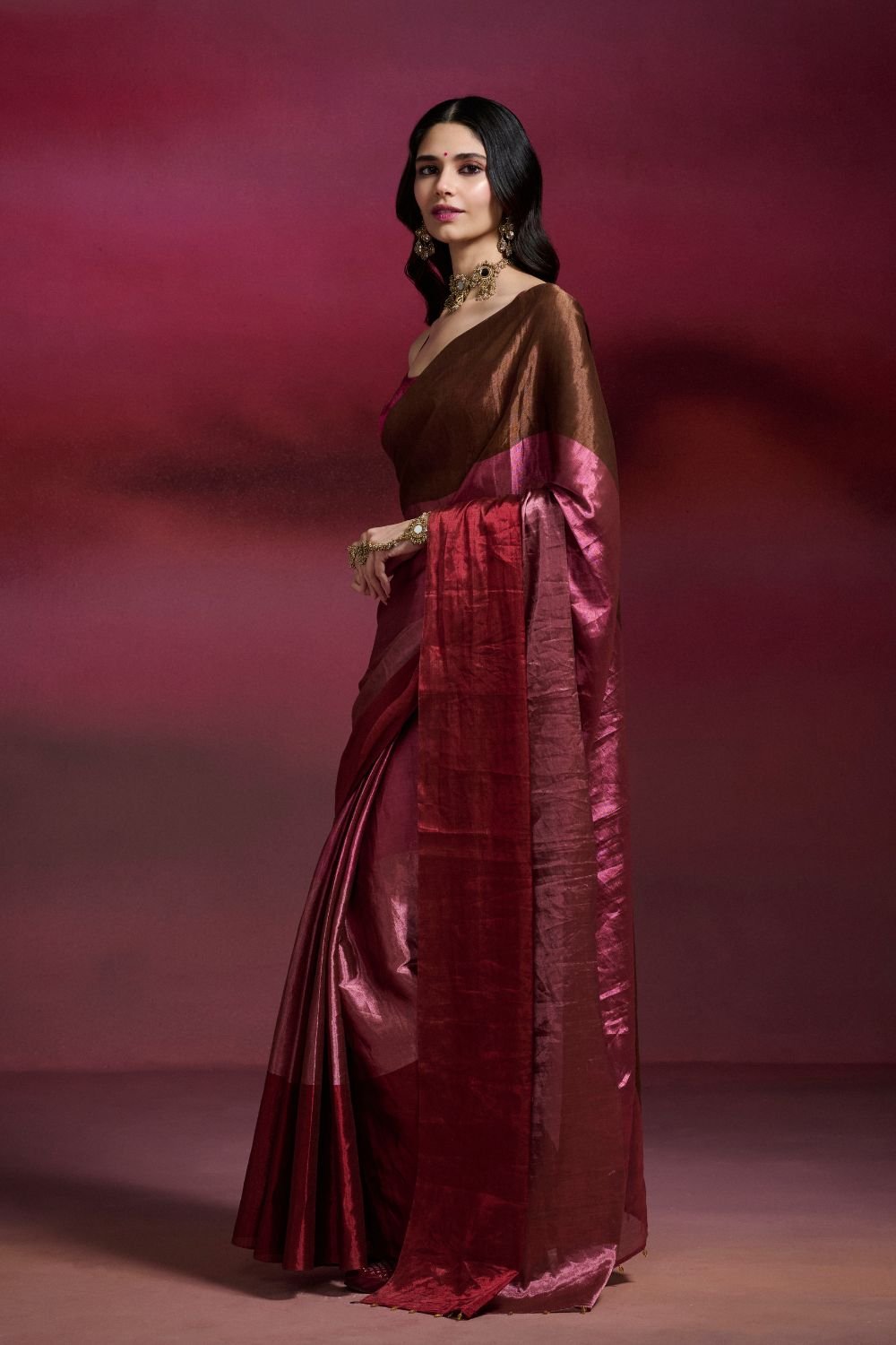 Multicolor Tissue Saree with Colorblock Design