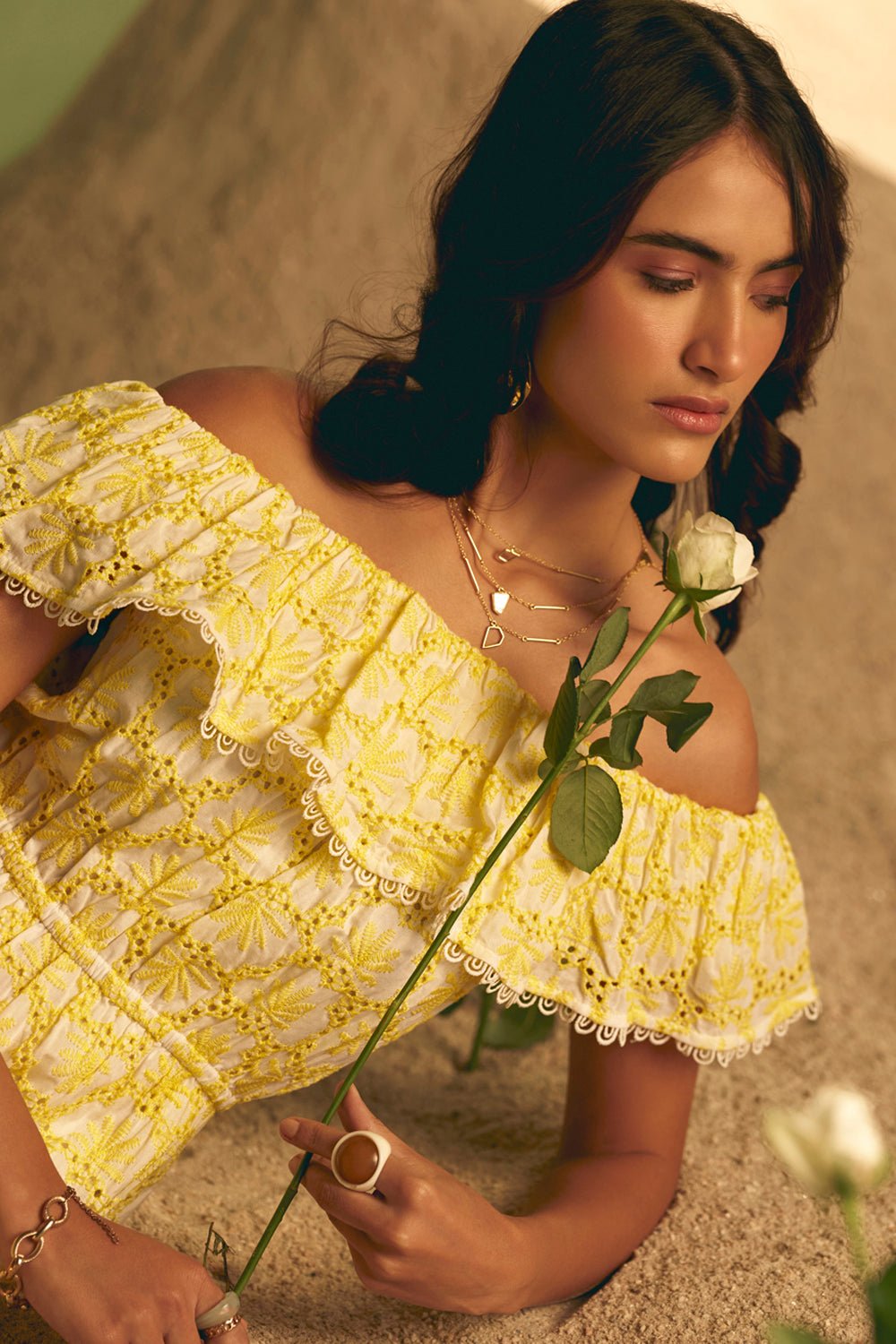 Sunkissed Eyelet Lace off the Shoulder Midi Dress