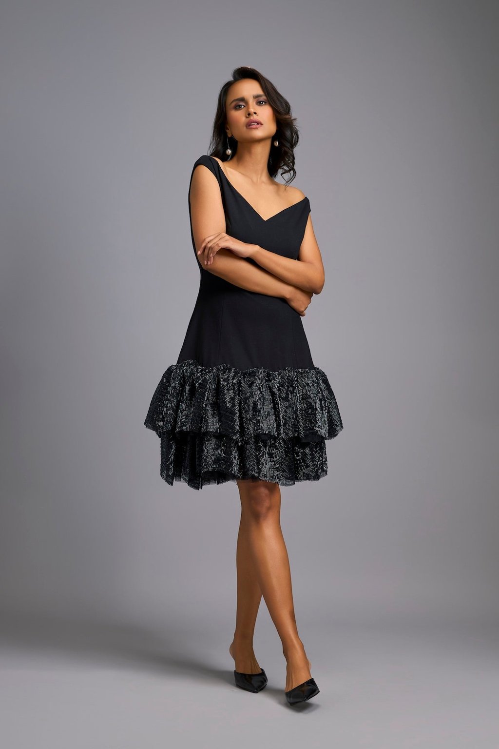 Off-Shoulder Dress with Shimmer Ruffles
