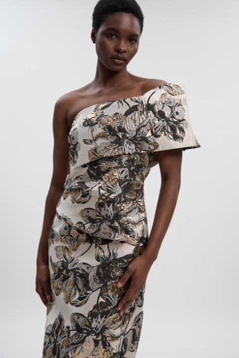 Floral Jacquard Asymmetric Neck Pencil Dress