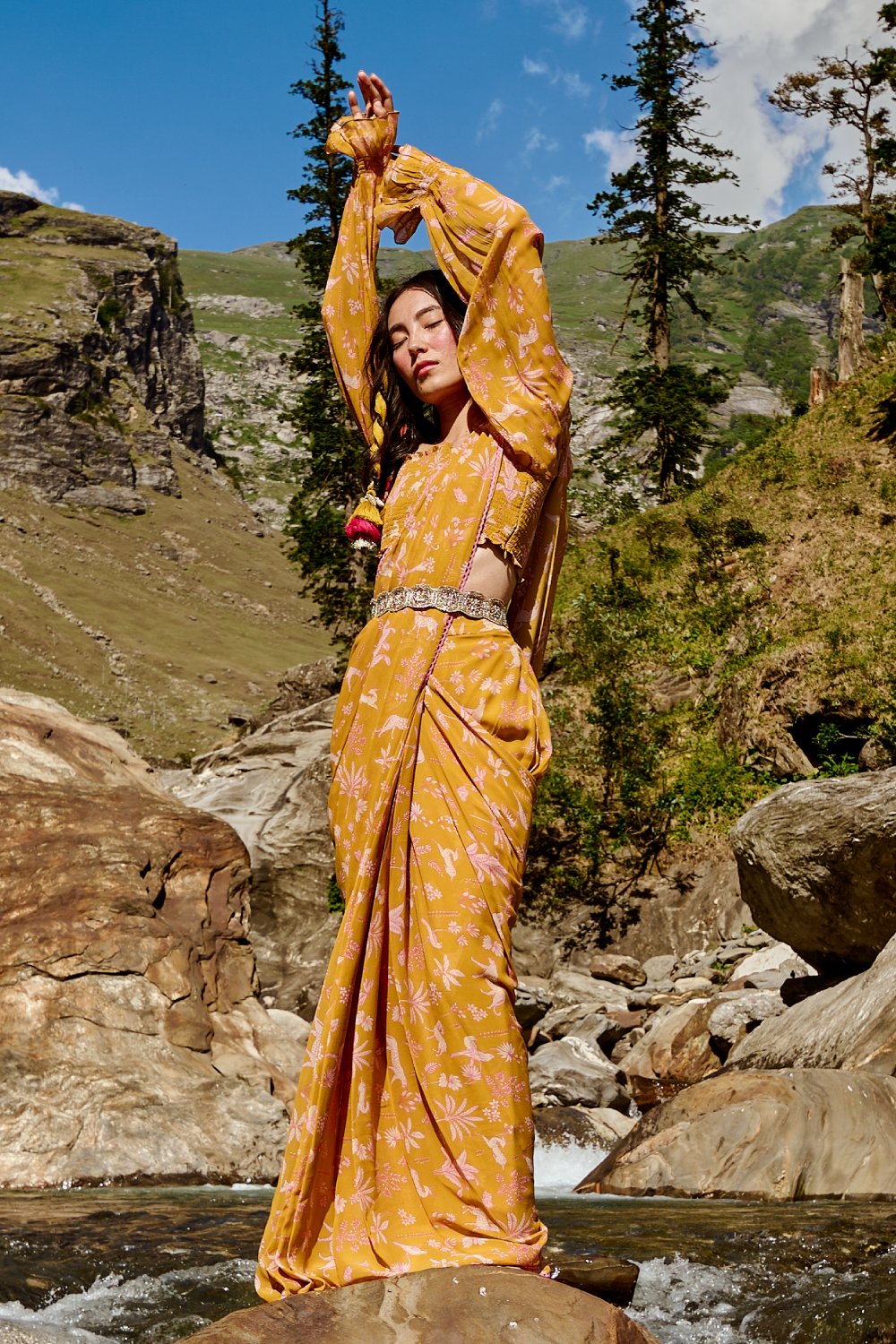 Yellow Jungle Print Pre Draped Saree