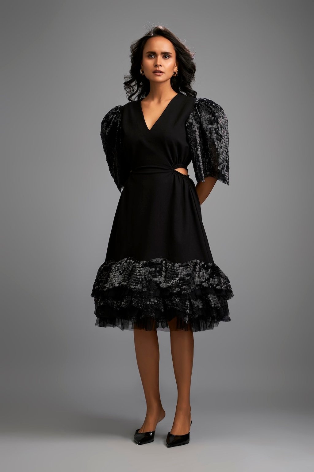 Black Midi Dress Shimmer Sleeves & Tiered Skirt