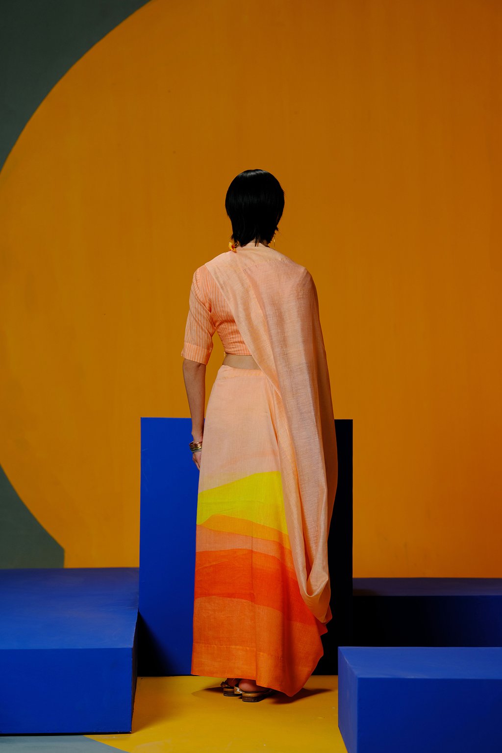 Diffuse Bright Orange & Yellow Saree Set