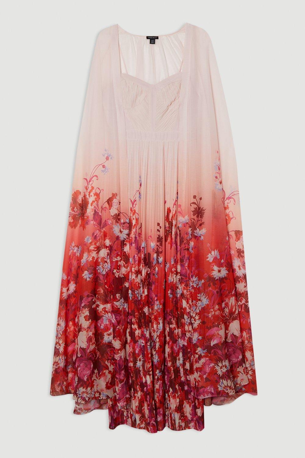 Scattered Floral Print Woven Pleated Cape Maxi Dress
