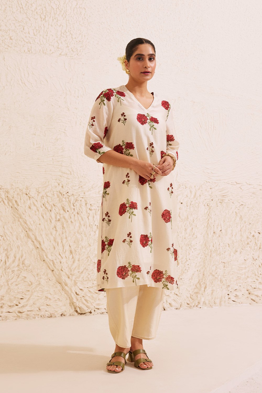 Ivory Chanderi  Hand Block Floral Print Kurta Set