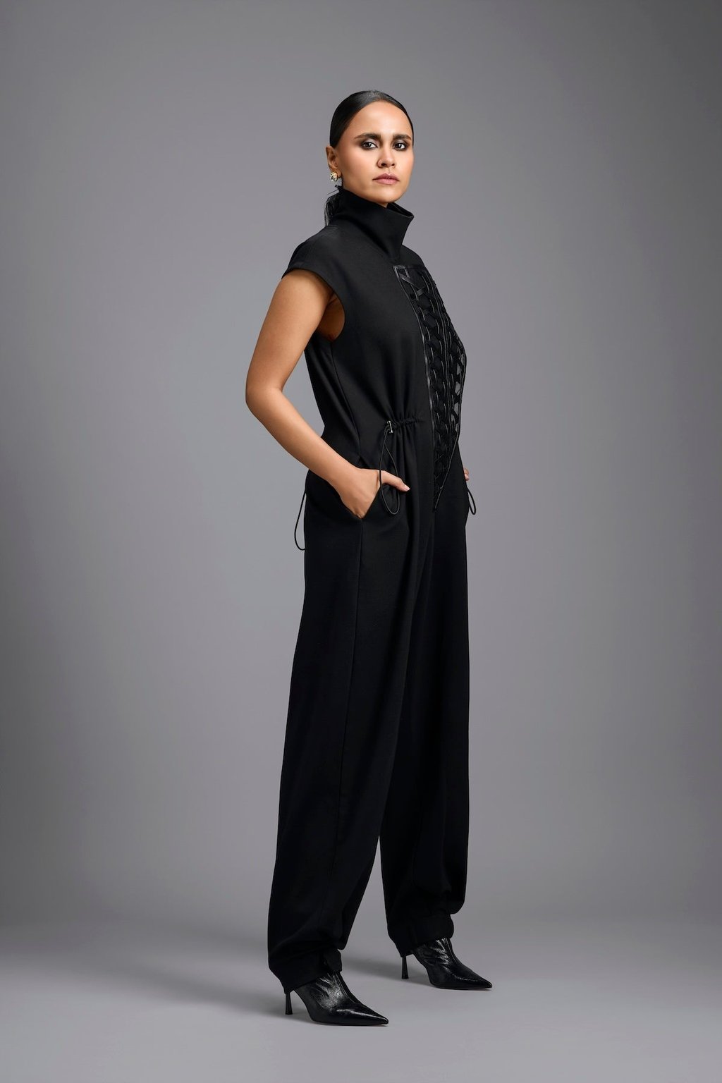Jumpsuit with Woven Leather Panel