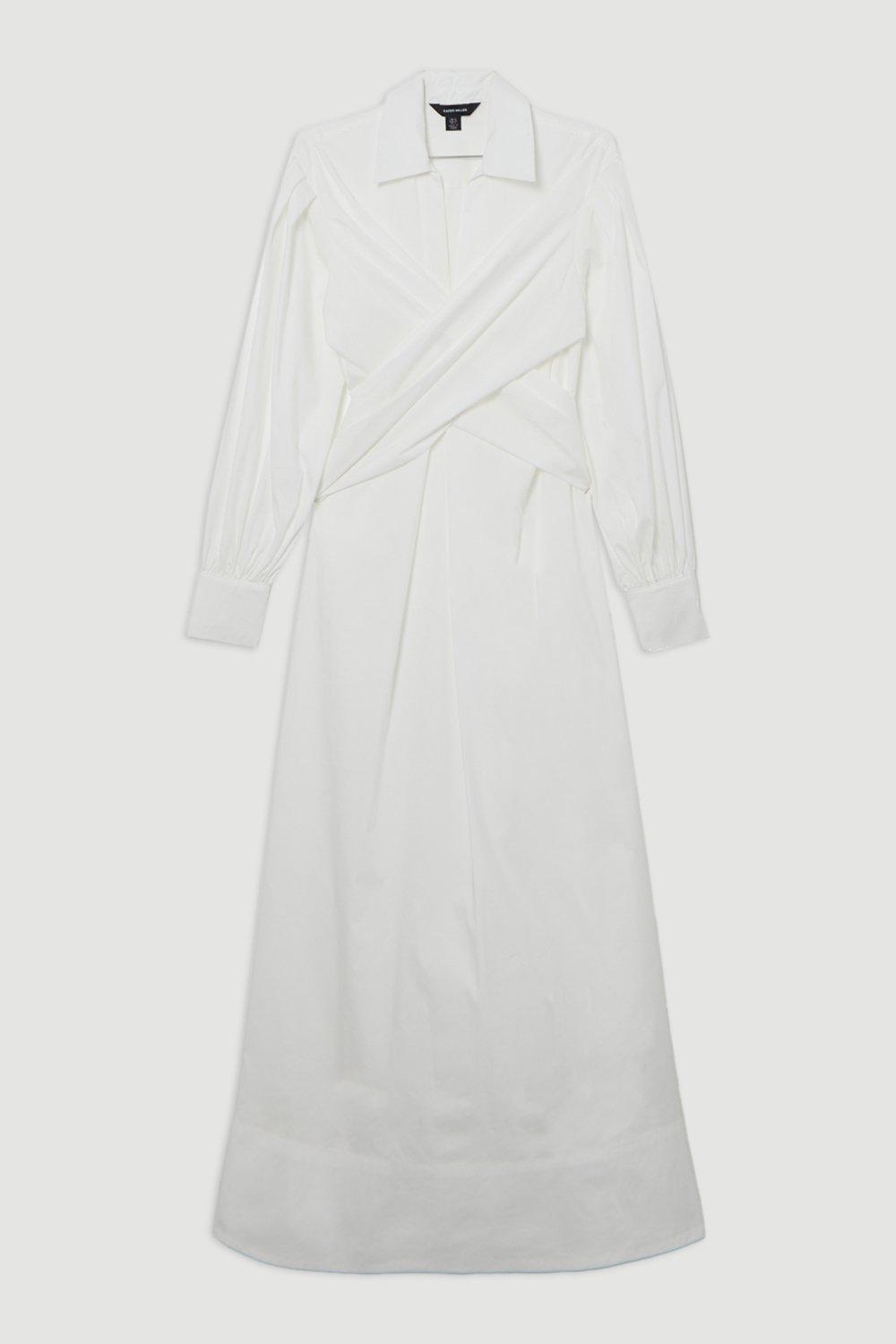 Cotton Poplin Drama Sleeve Woven Wrap Detail Shirt Dress