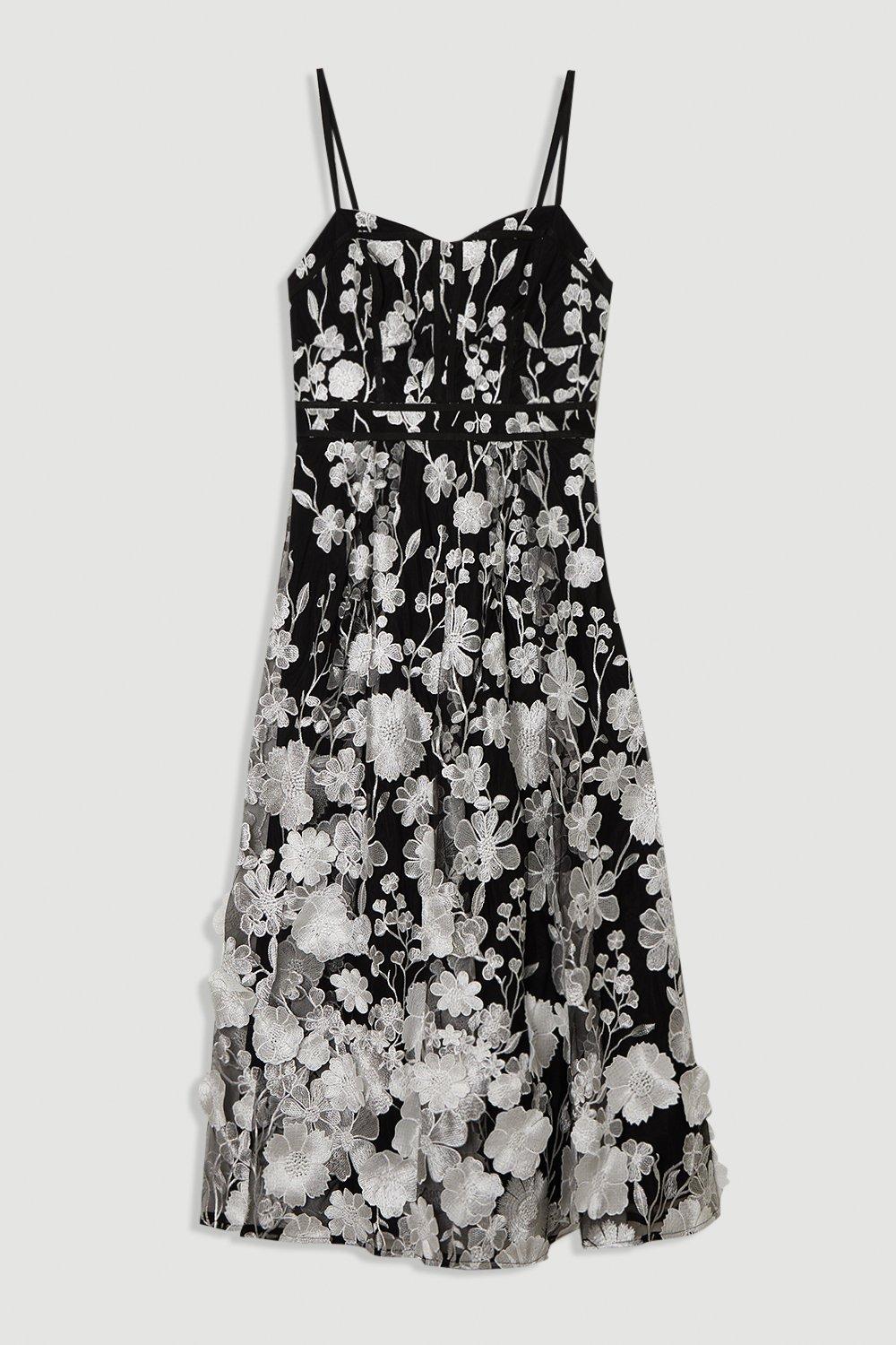 Floral Applique Corset Detail Woven Midi Dress