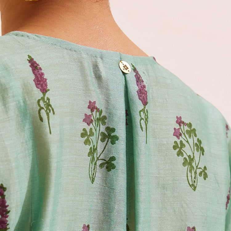 Teal Chanderi Hand Block Floral Kurta Set