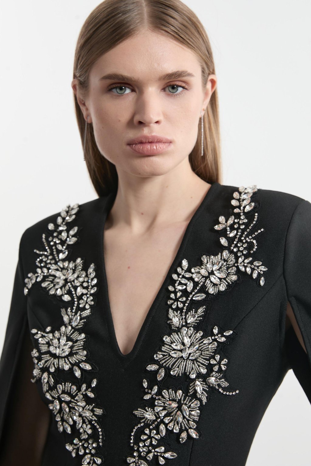 Bandage Form Fitting Cape Sleeve Embellished Mini Dress