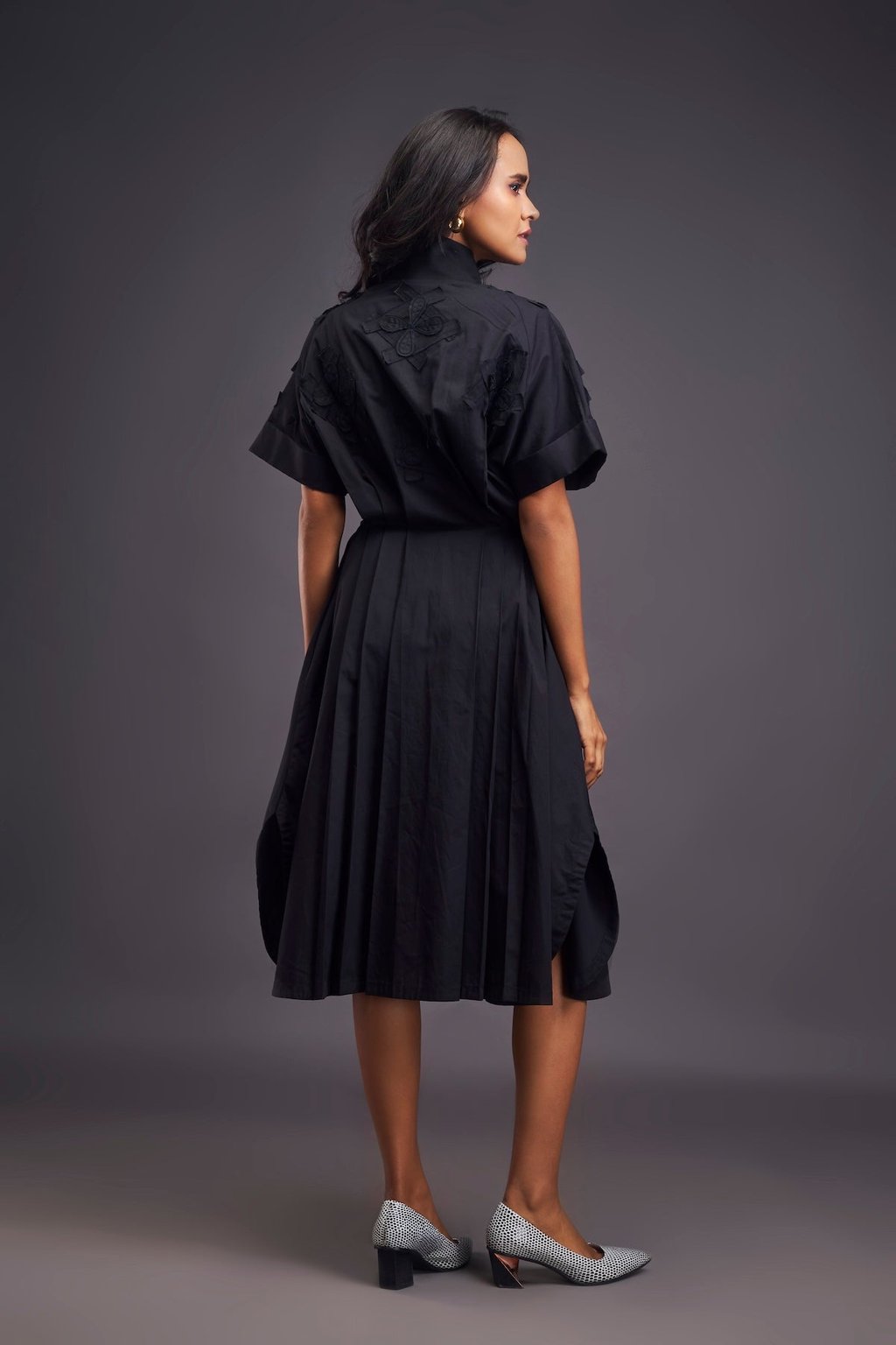 Pleated Oversized Shirt Dress with Patchwork Black