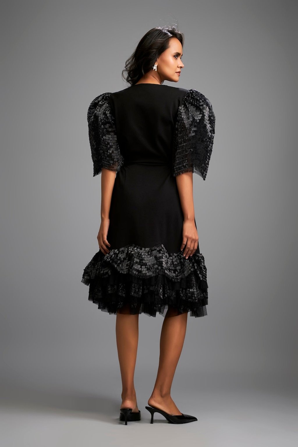 Black Midi Dress Shimmer Sleeves & Tiered Skirt