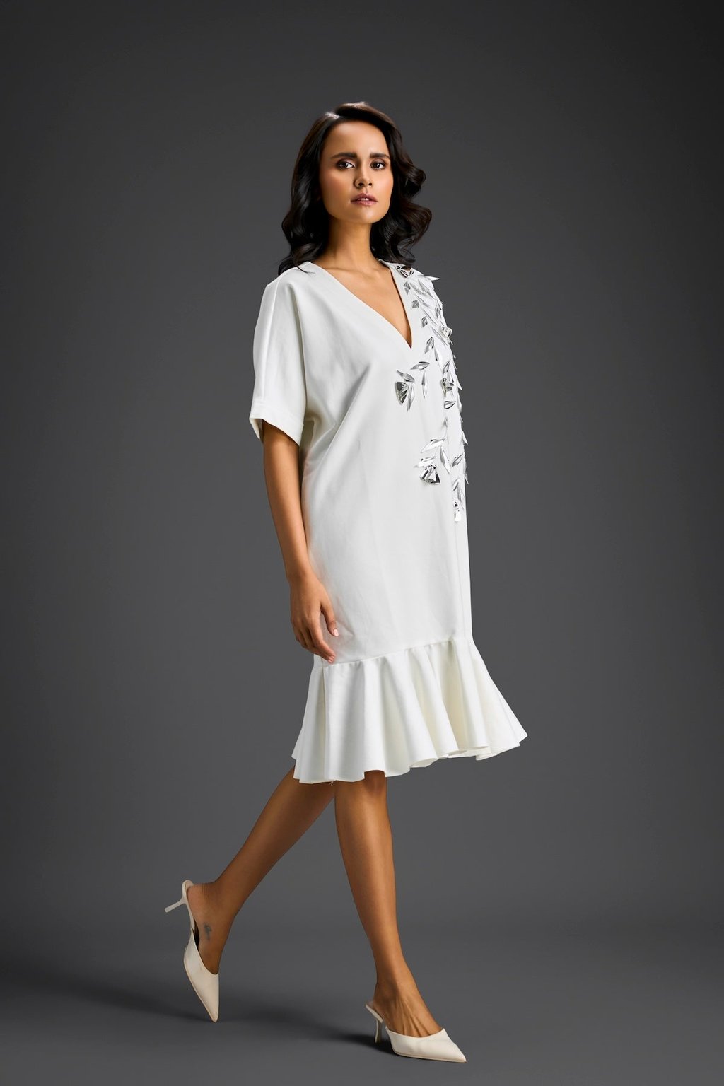 White Short Sleeves Cut-Out Embroidered Dress