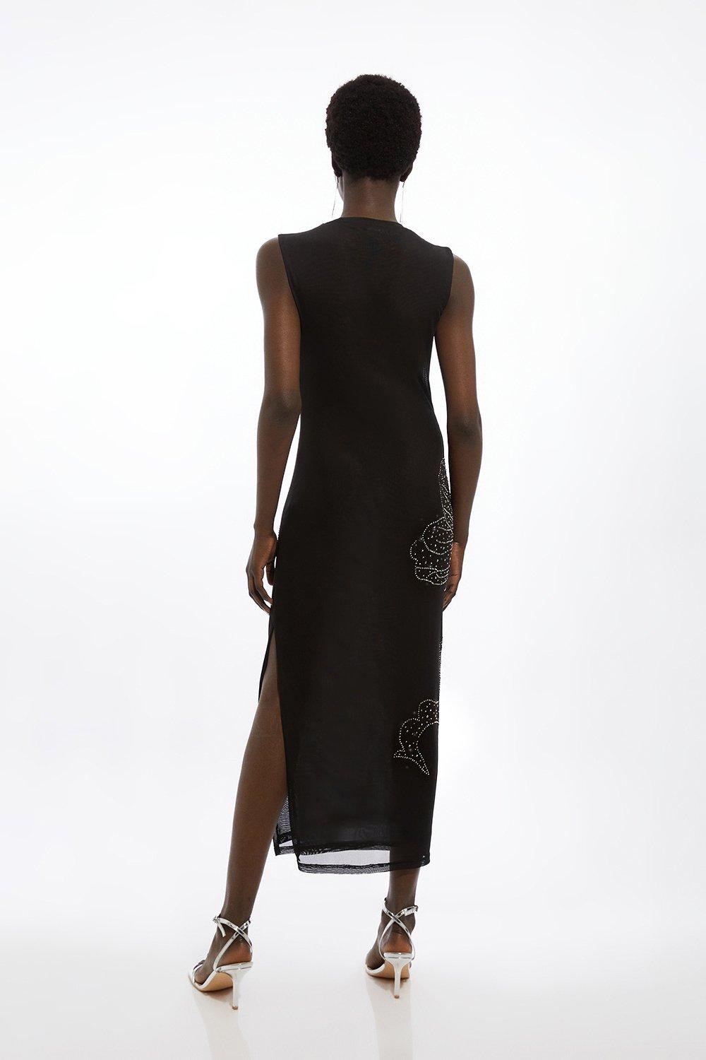 Placed Embellished Floral Mesh Jersey Midi Dress